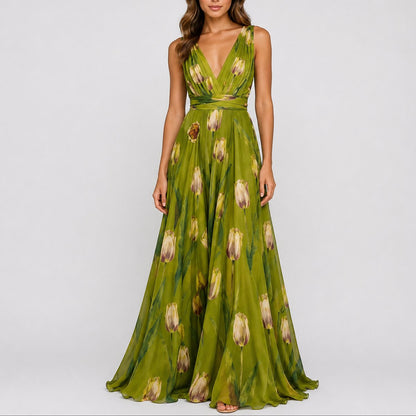Femme Robe Maxi Fleurs Chiffon Encolure V