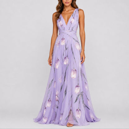Femme Robe Maxi Fleurs Chiffon Encolure V