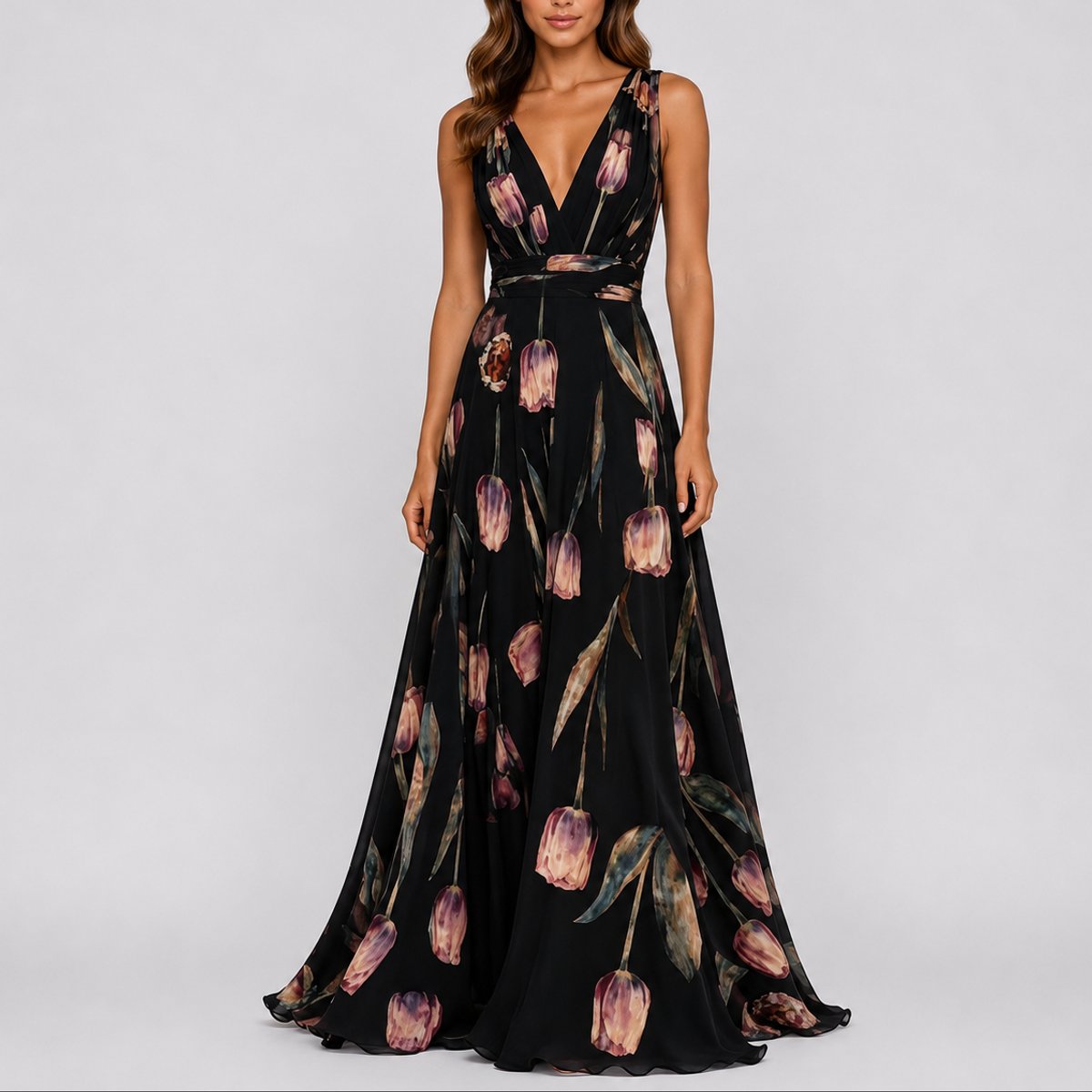 Femme Robe Maxi Fleurs Chiffon Encolure V