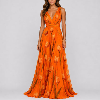 Femme Robe Maxi Fleurs Chiffon Encolure V