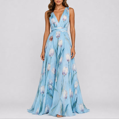 Femme Robe Maxi Fleurs Chiffon Encolure V