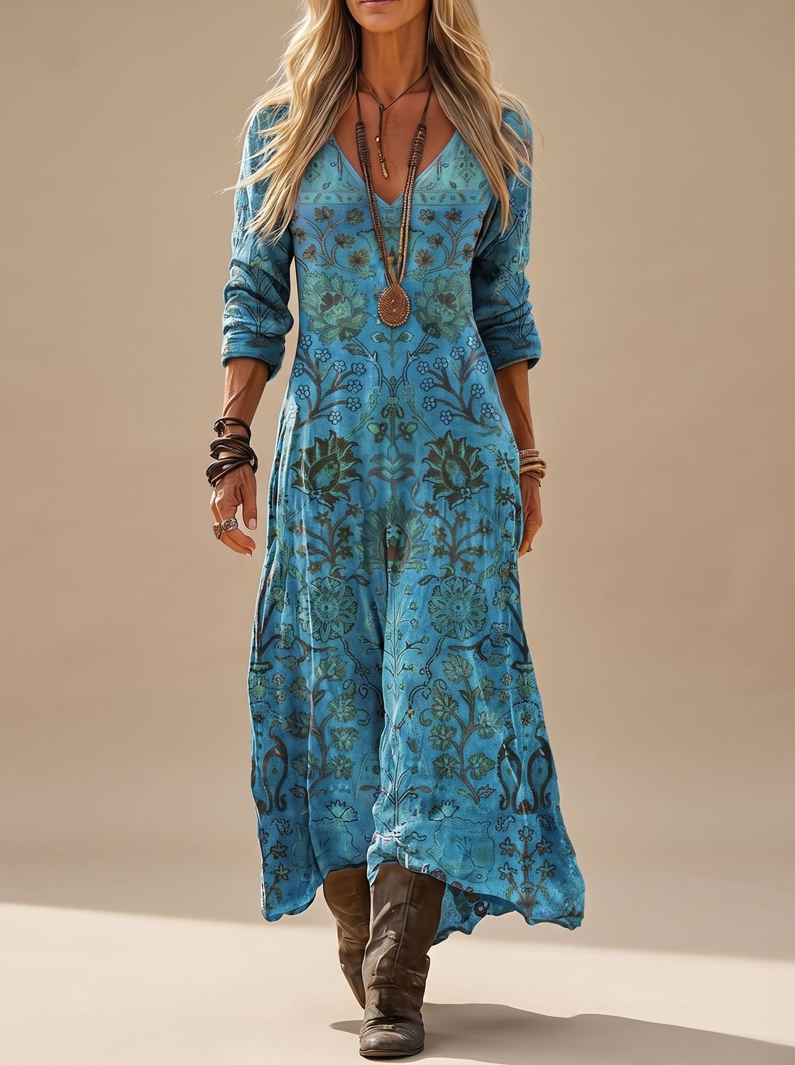 Femmes Robe Maxi Imprimé Fleuri Manches Longues Bohème