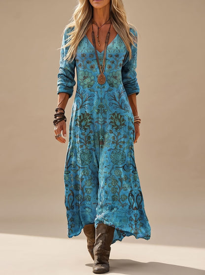 Femmes Robe Maxi Imprimé Fleuri Manches Longues Bohème