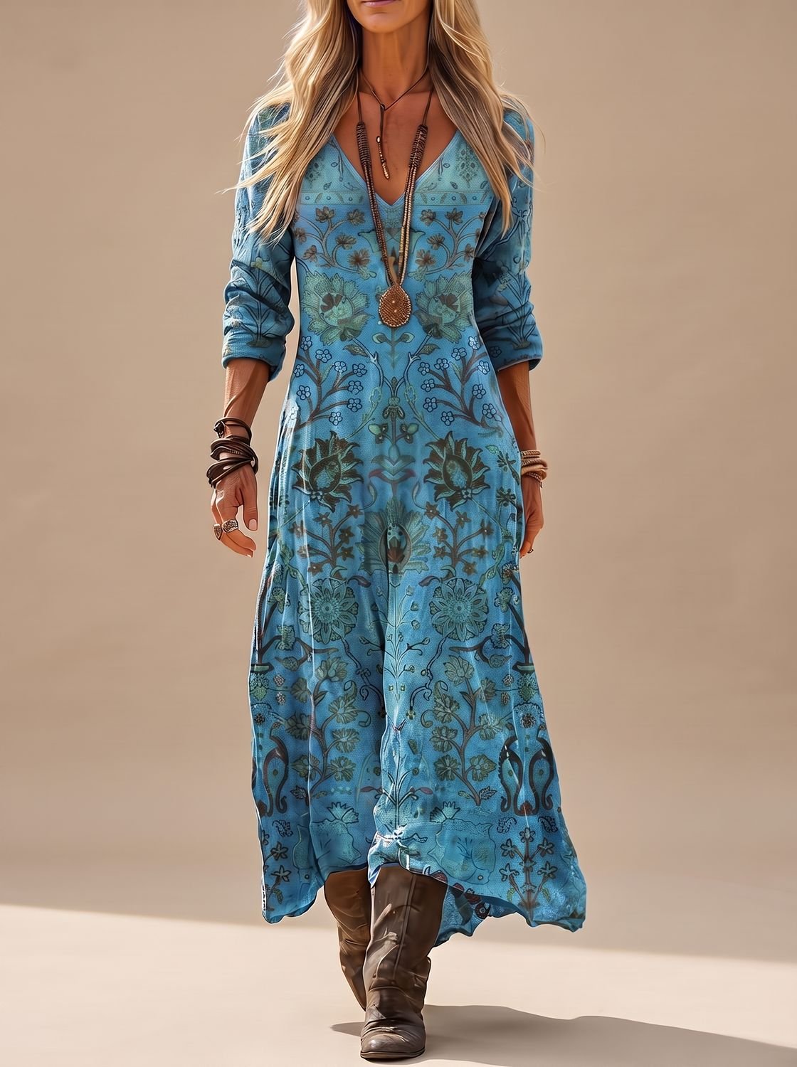 Femmes Robe Maxi Imprimé Fleuri Manches Longues Bohème