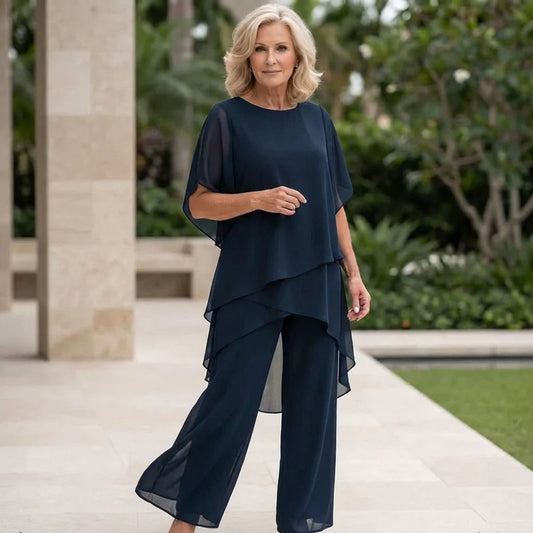 Ensemble femme 2 pièces chiffon fluide avec haut drapé et pantalon large