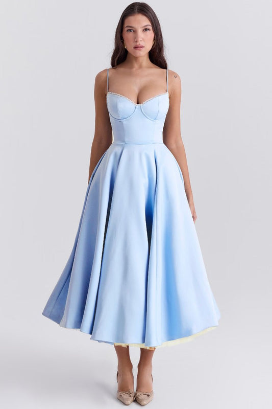 Robe de soirée femme midi bustier jupe évasée satin