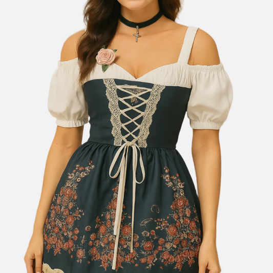 Robe Dirndl Femme - Matériau Confortable - Imprimé Floral - Mode Trachten Oktoberfest