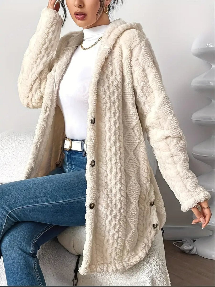 Cardigan capuche oversize femme en tissu peluche boutonné coupe ample