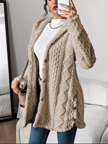 Cardigan capuche oversize femme en tissu peluche boutonné coupe ample
