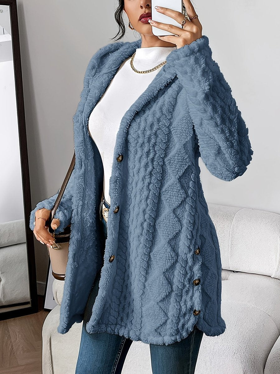 Cardigan capuche oversize femme en tissu peluche boutonné coupe ample