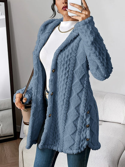 Cardigan capuche oversize femme en tissu peluche boutonné coupe ample
