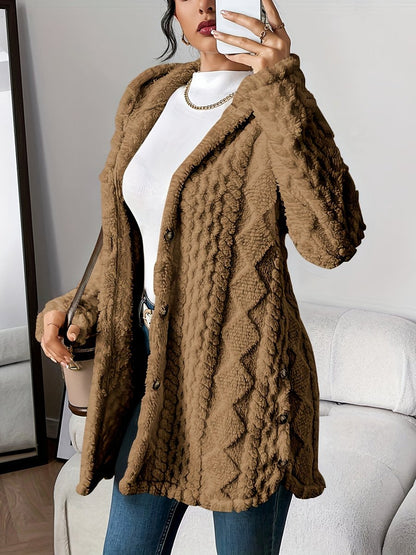 Cardigan capuche oversize femme en tissu peluche boutonné coupe ample