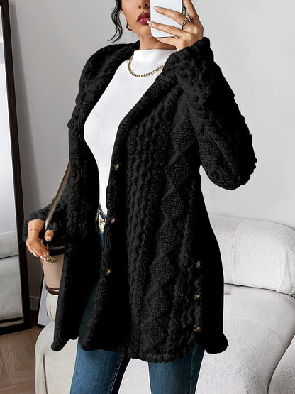 Cardigan capuche oversize femme en tissu peluche boutonné coupe ample
