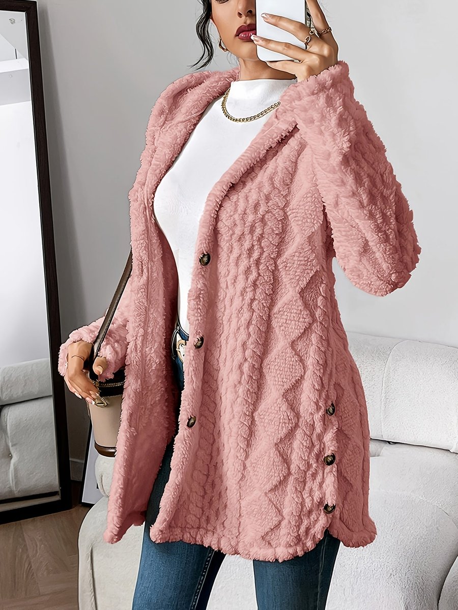 Cardigan capuche oversize femme en tissu peluche boutonné coupe ample