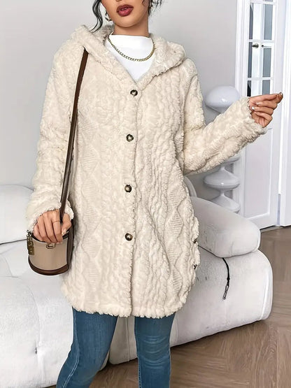 Cardigan capuche oversize femme en tissu peluche boutonné coupe ample