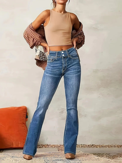Jean taille haute flare femme coupe ajustée denim bleu