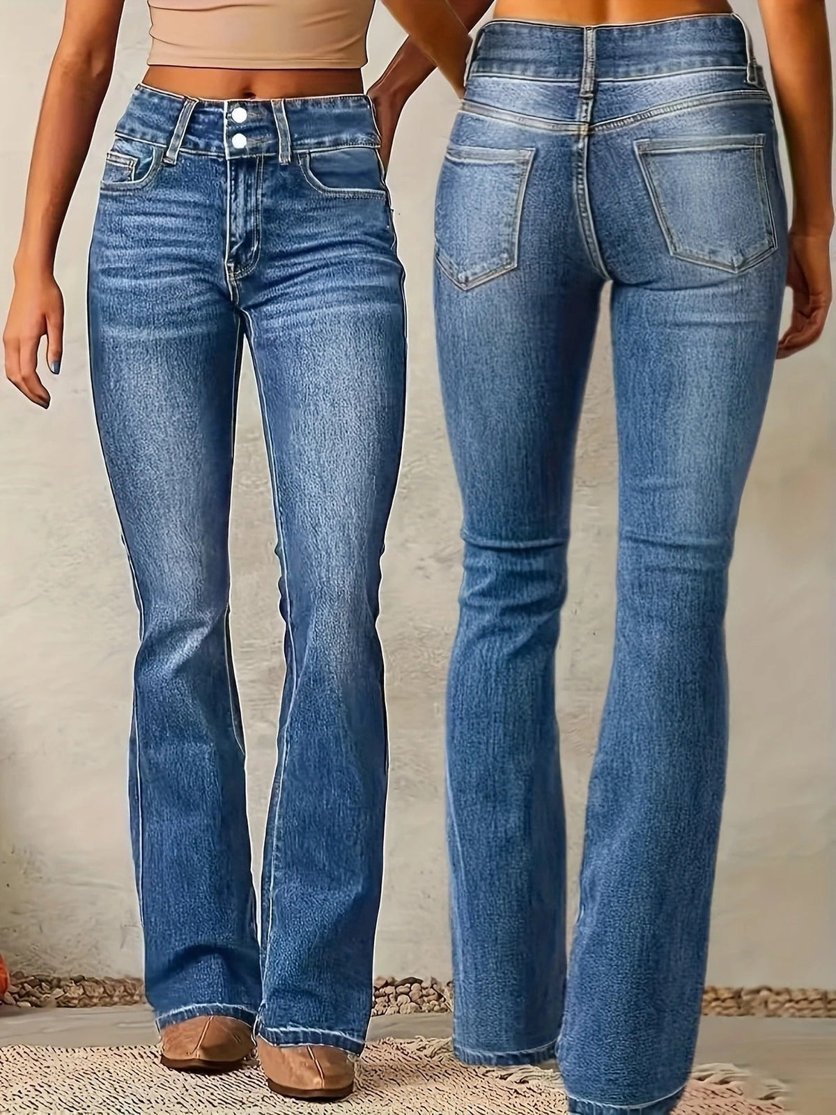 Jean taille haute flare femme coupe ajustée denim bleu