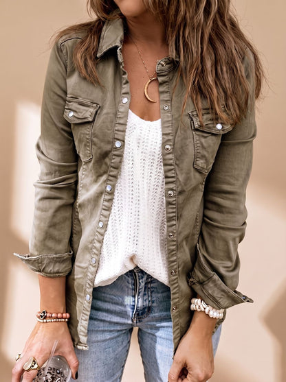Femmes Veste Denim Boutonnée Poches Poitrine
