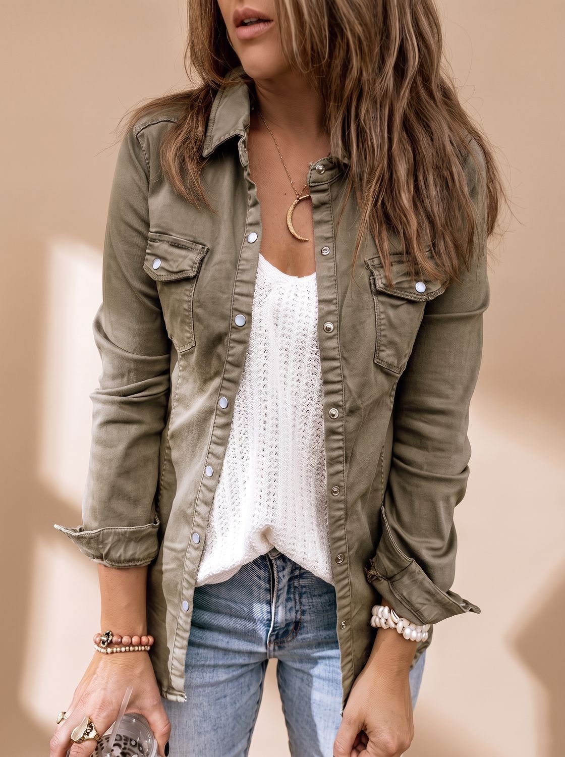 Femmes Veste Denim Boutonnée Poches Poitrine