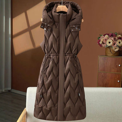 Gilet long matelassé femme à capuche sans manches longueur maxi