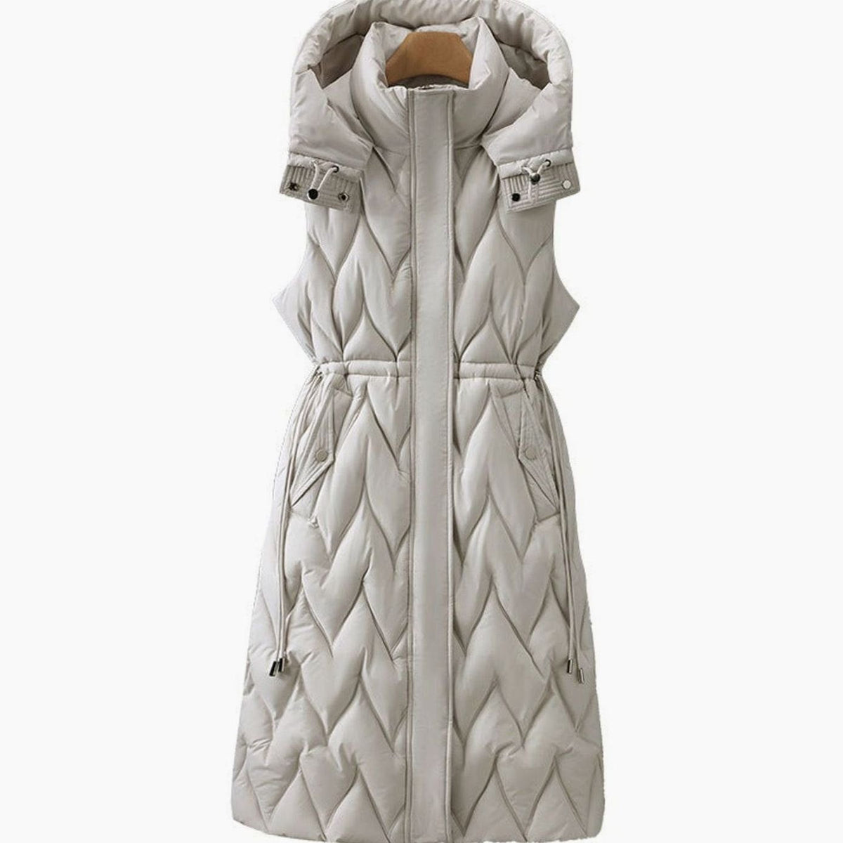 Gilet long matelassé femme à capuche sans manches longueur maxi
