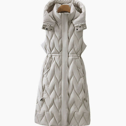 Gilet long matelassé femme à capuche sans manches longueur maxi