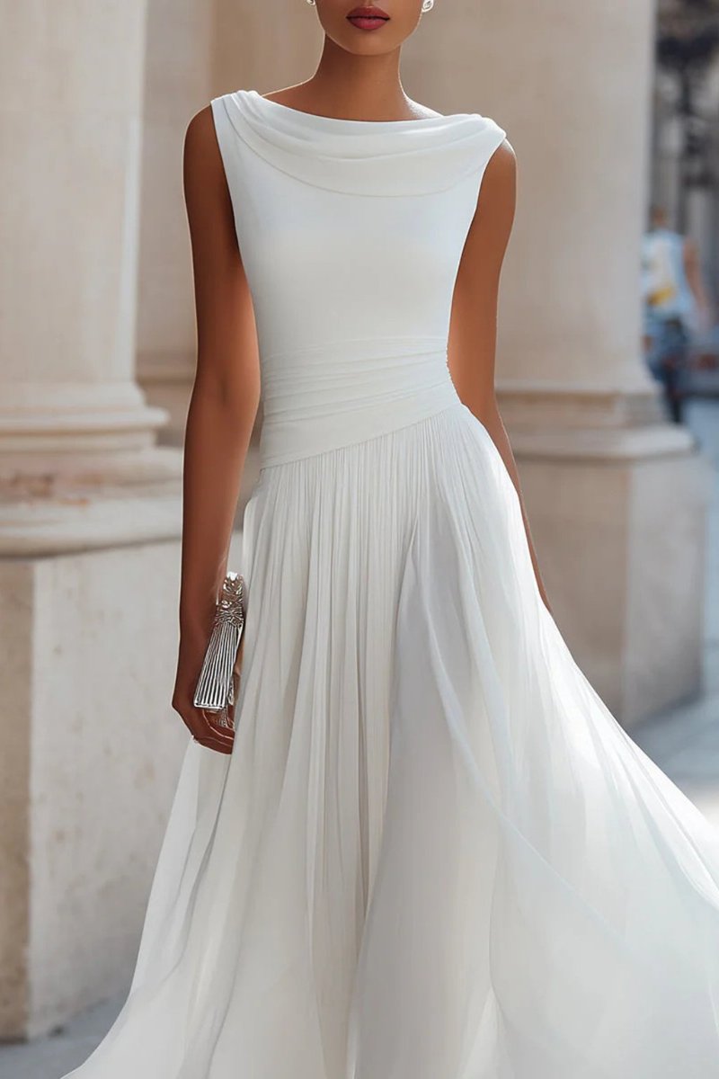 Femme Robe Midi Sans Manches Encolure Cascade Plissée