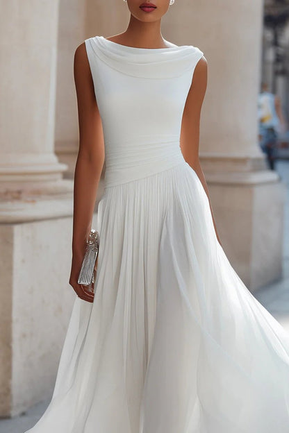 Femme Robe Midi Sans Manches Encolure Cascade Plissée