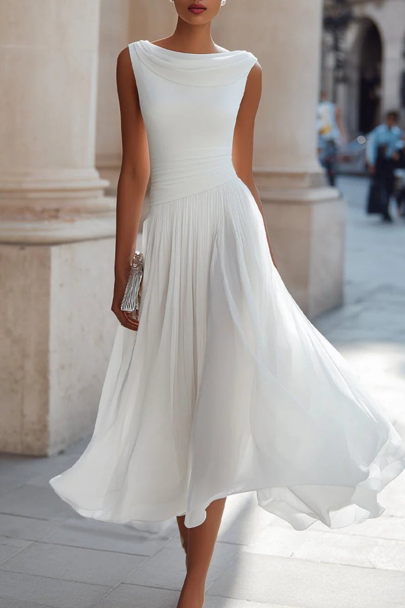 Femme Robe Midi Sans Manches Encolure Cascade Plissée
