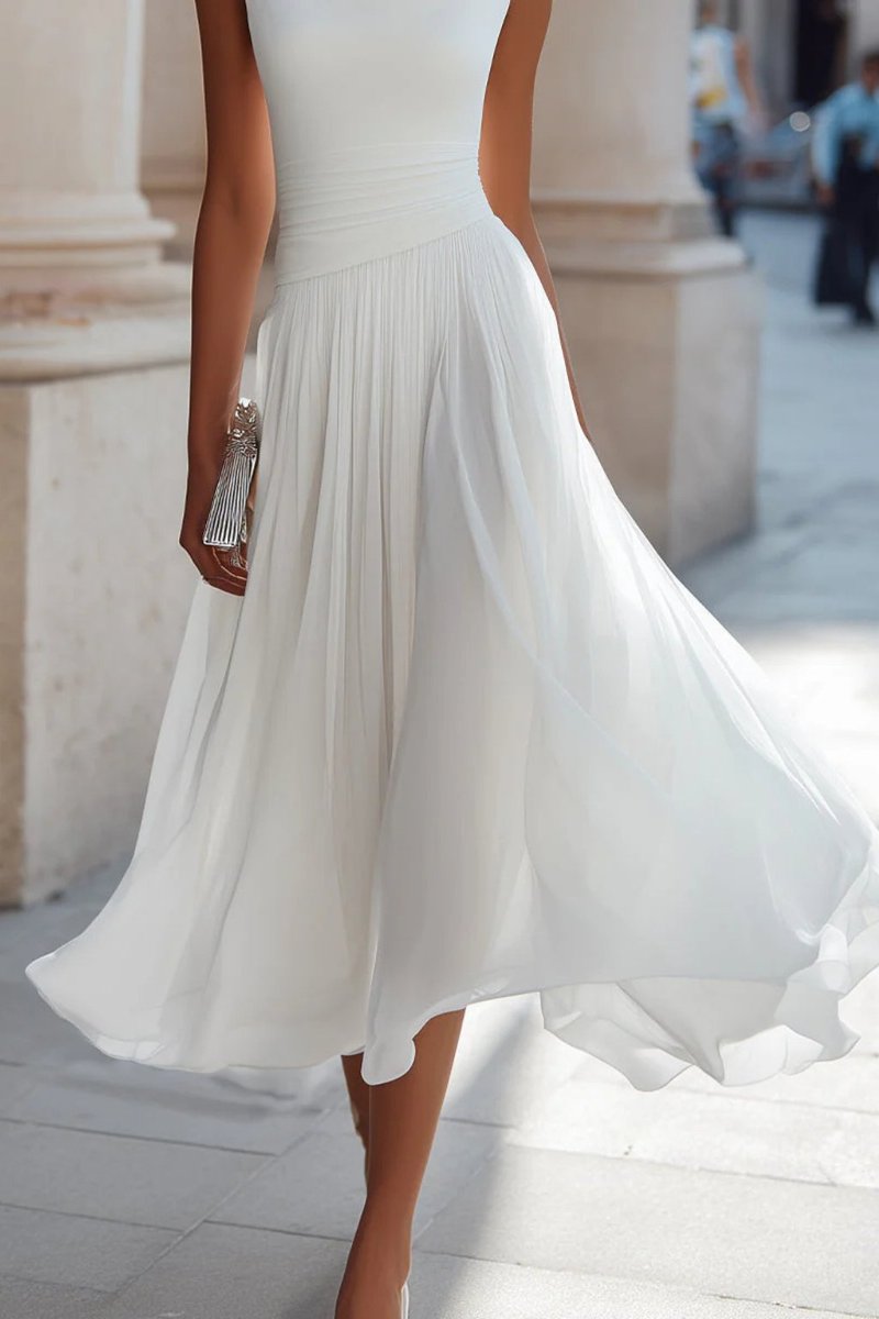 Femme Robe Midi Sans Manches Encolure Cascade Plissée
