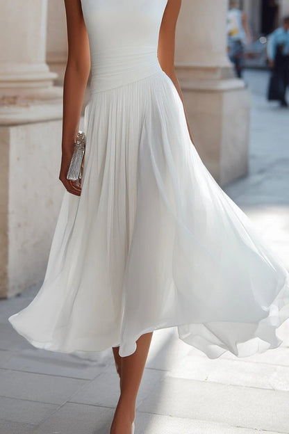Femme Robe Midi Sans Manches Encolure Cascade Plissée