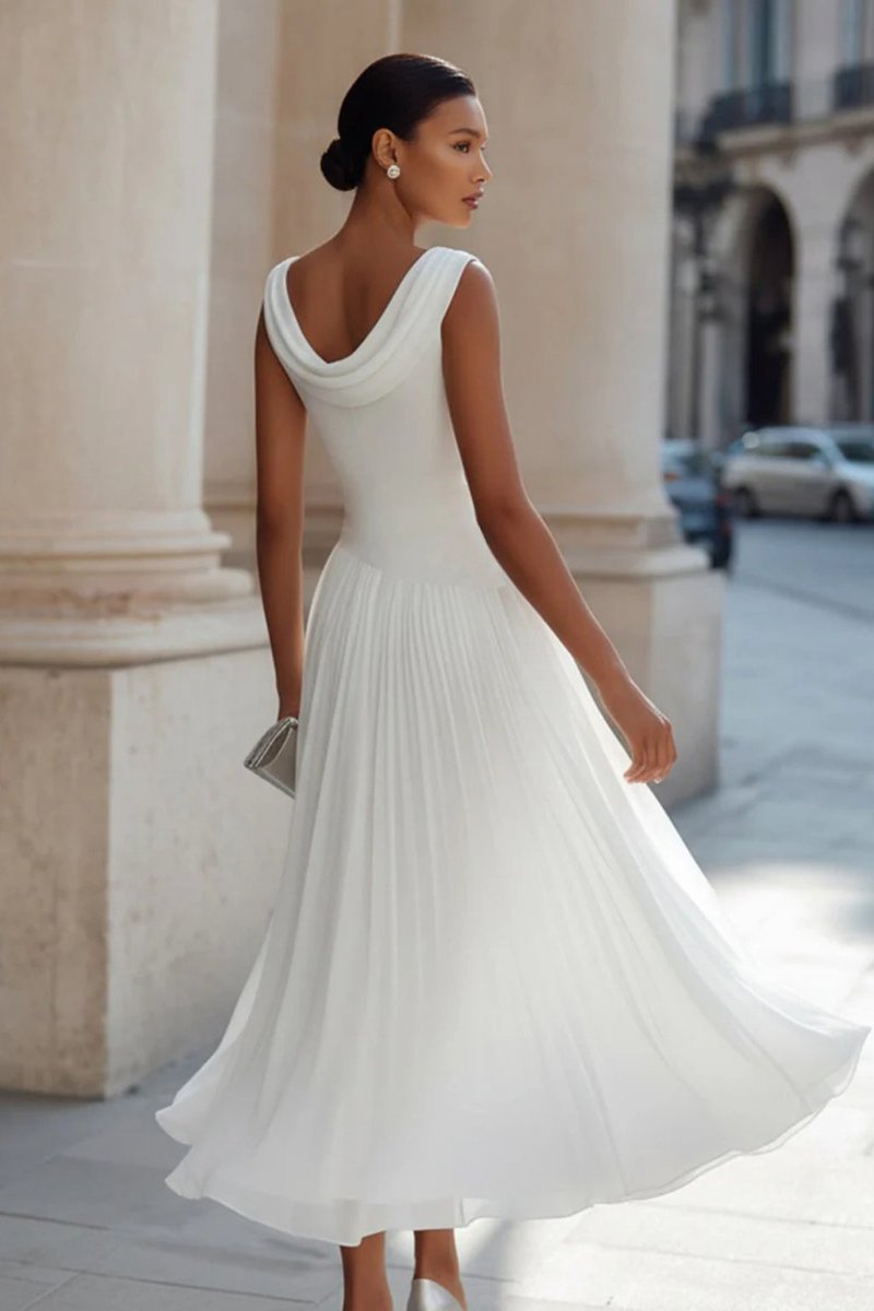 Femme Robe Midi Sans Manches Encolure Cascade Plissée