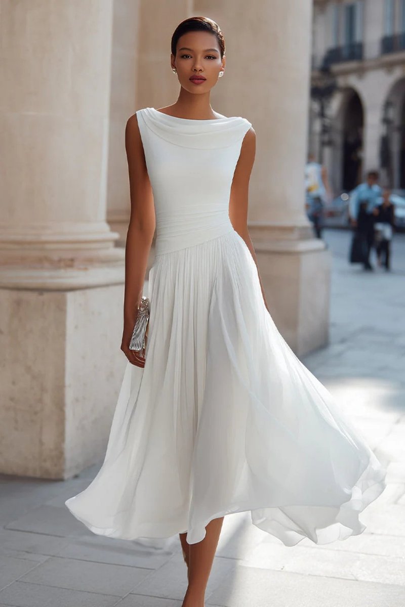 Femme Robe Midi Sans Manches Encolure Cascade Plissée