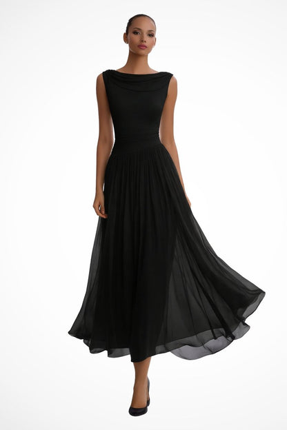 Femme Robe Midi Sans Manches Encolure Cascade Plissée