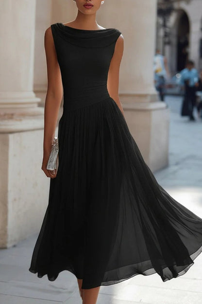 Femme Robe Midi Sans Manches Encolure Cascade Plissée