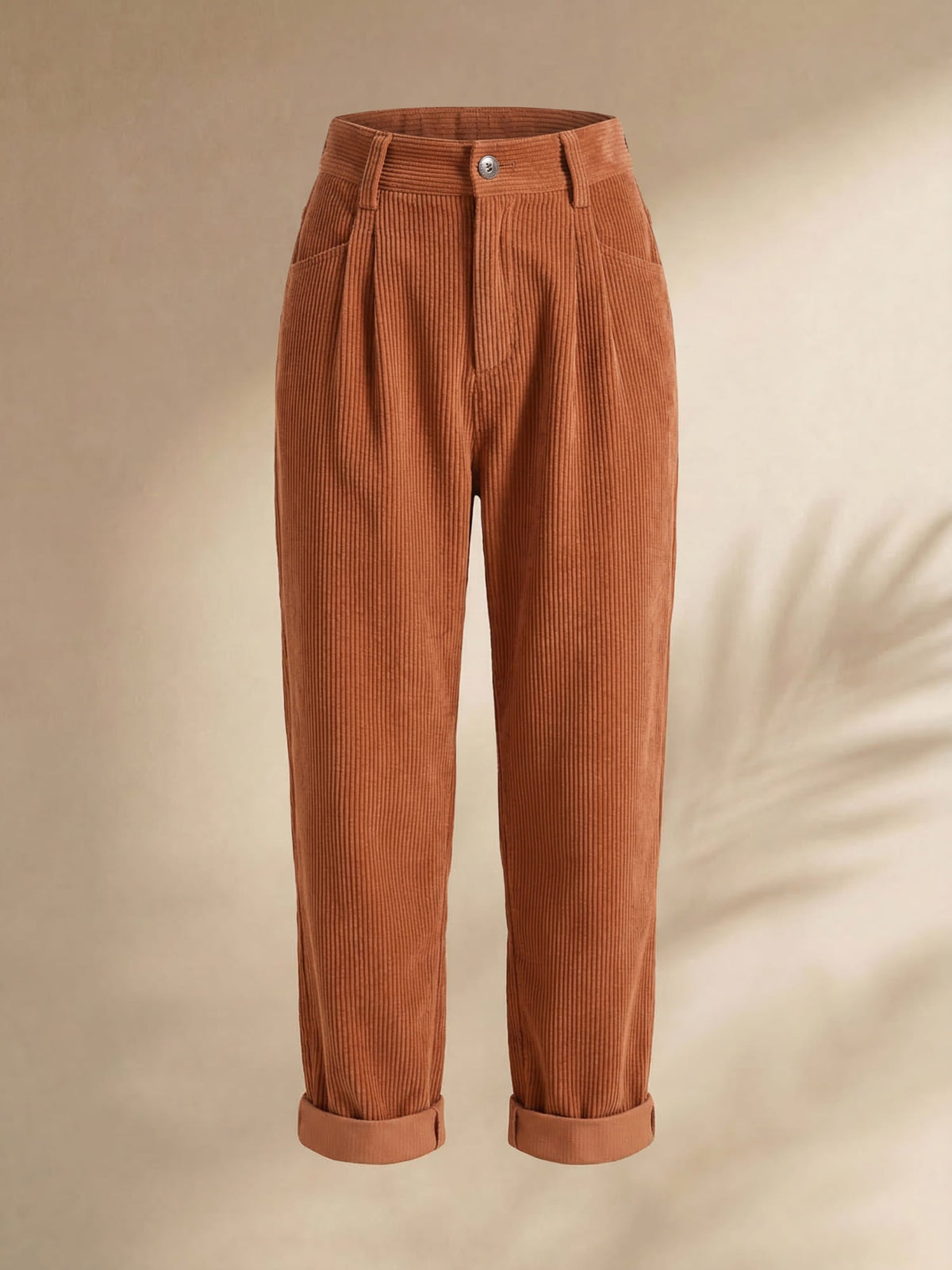 Pantalon velours côtelé femme droit taille haute avec poches et effet côtelé visible