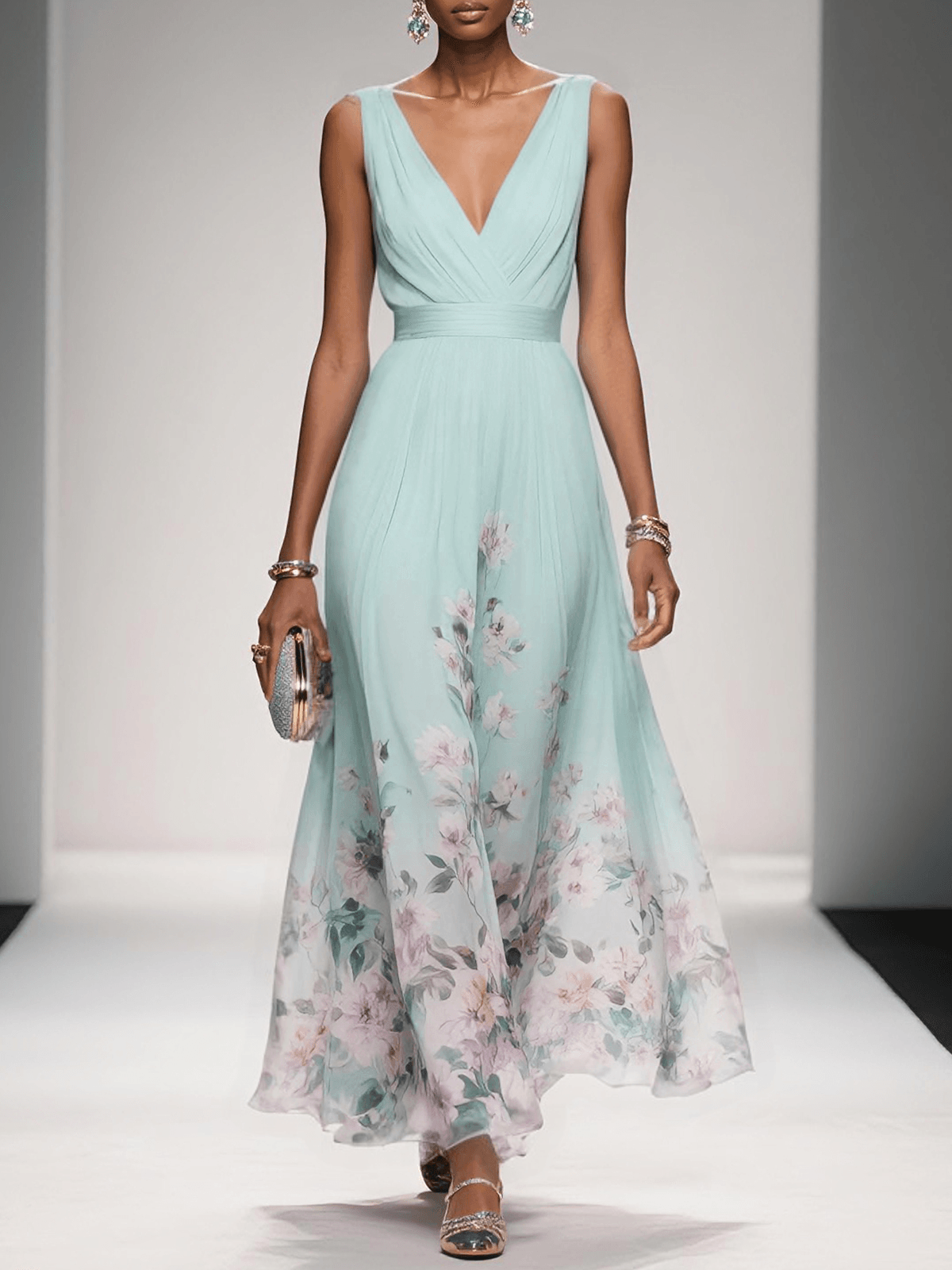 Robe florale femme invitée mariage col V silhouette fluide trapèze