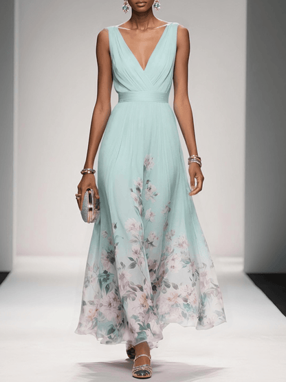 Robe florale femme invitée mariage col V silhouette fluide trapèze