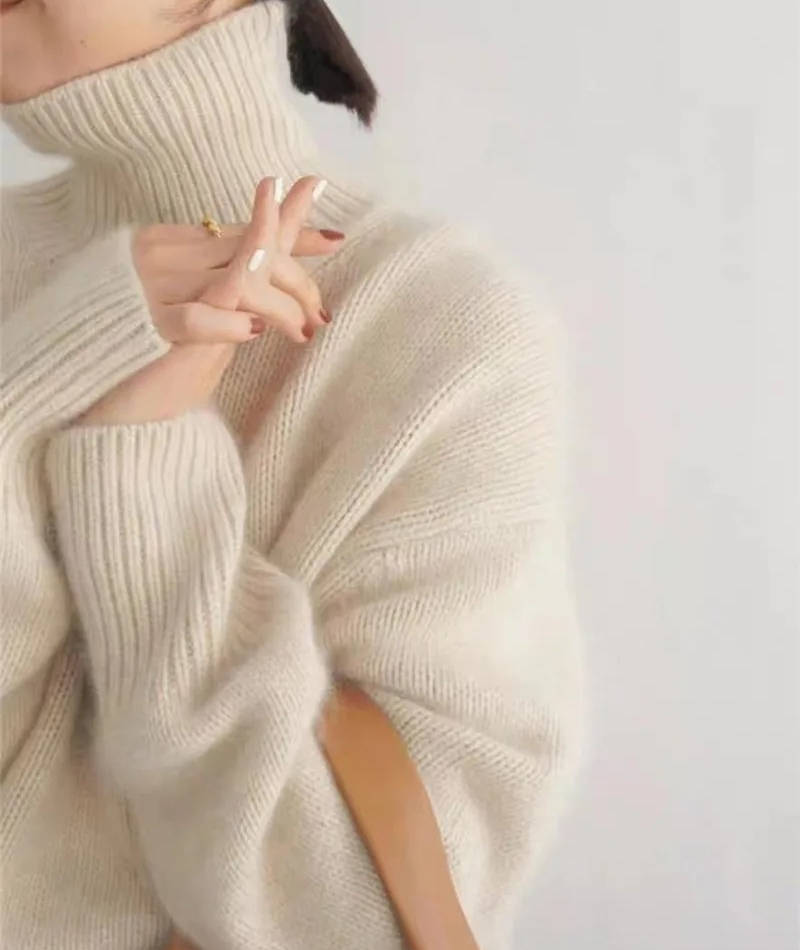 Sweater col roulé cachemire femme coupe ample coloris uni