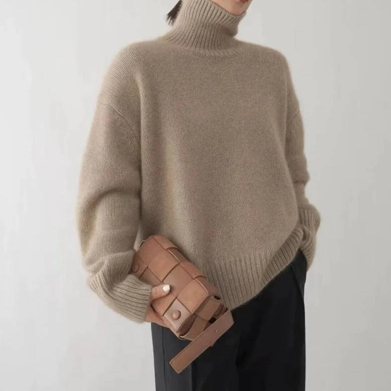 Sweater col roulé cachemire femme coupe ample coloris uni