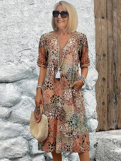 Robe de Soirée Midi - Décolleté en V - Motif Floral