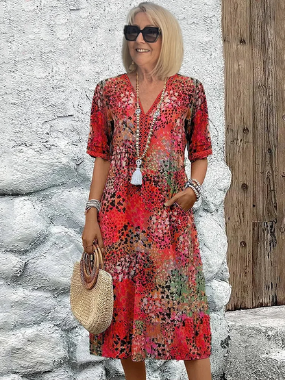 Robe de Soirée Midi - Décolleté en V - Motif Floral