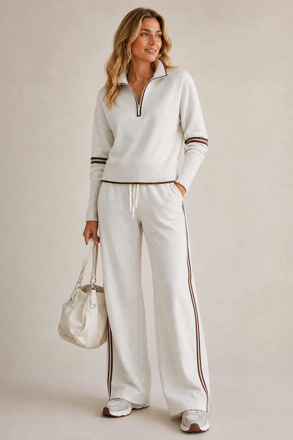 Ensemble 2 pièces femme sweat zippé et pantalon large avec rayures