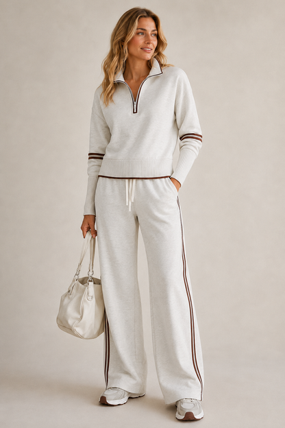 Ensemble 2 pièces femme sweat zippé et pantalon large avec rayures