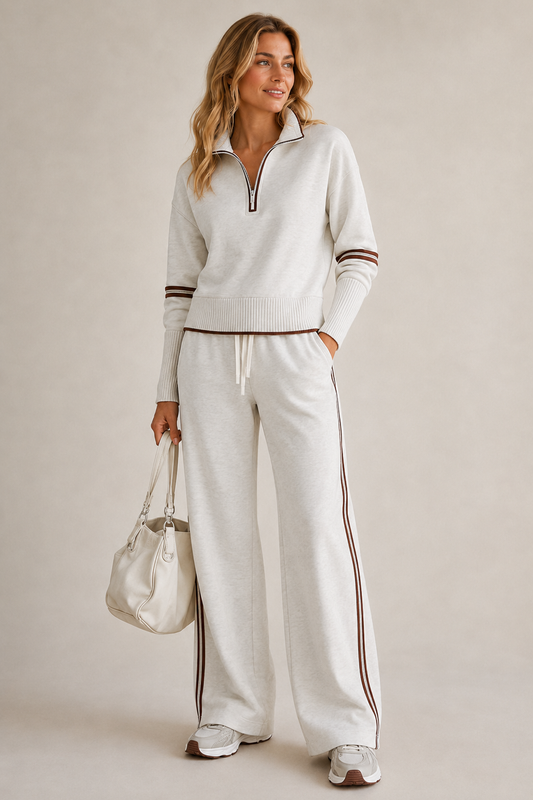 Ensemble 2 pièces femme sweat zippé et pantalon large avec rayures