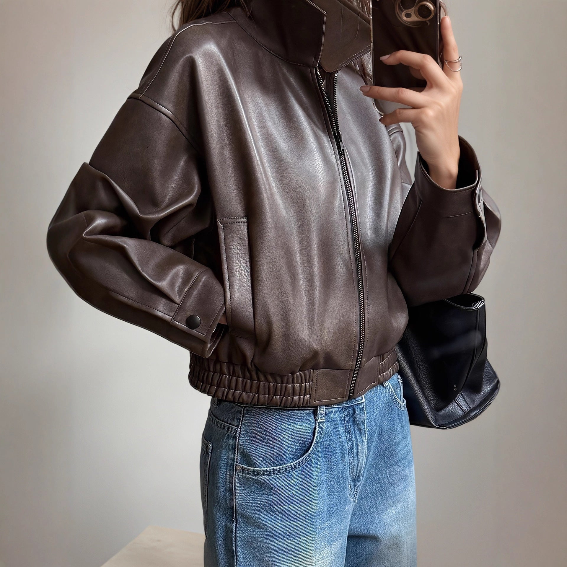 Veste cuir femme | Manches longues, polyester doux | Marron foncé