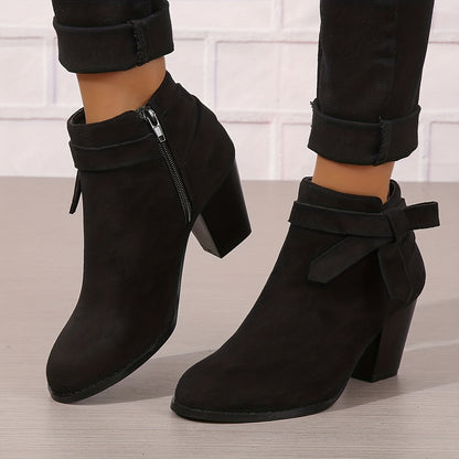 Bottines femme talon bloc bout pointu avec nœud décoratif et zip latéral
