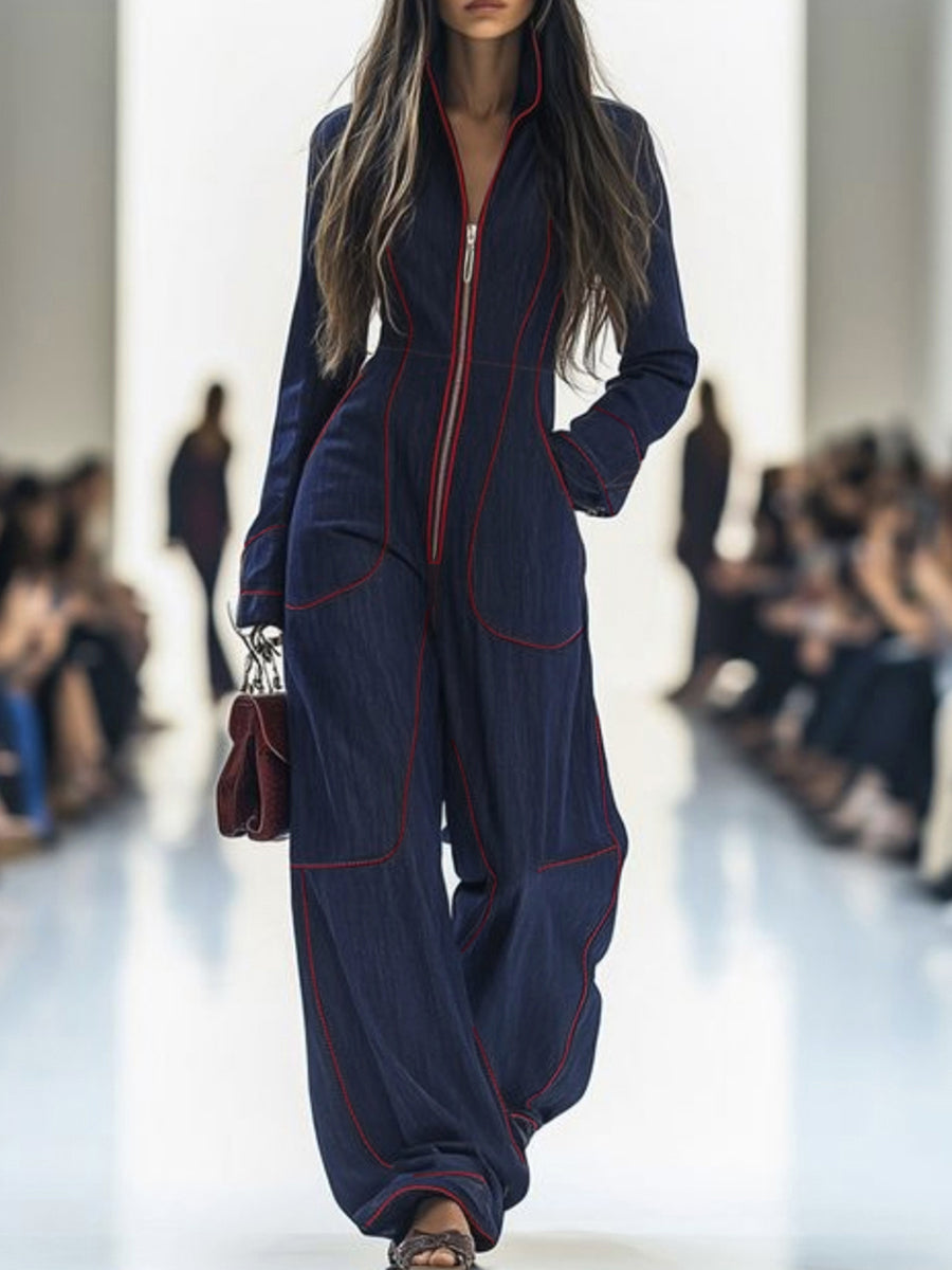 Combinaison en denim | Jambes larges, manches longues, col montant
