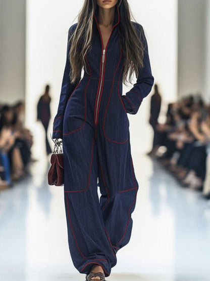 Combinaison en denim | Jambes larges, manches longues, col montant