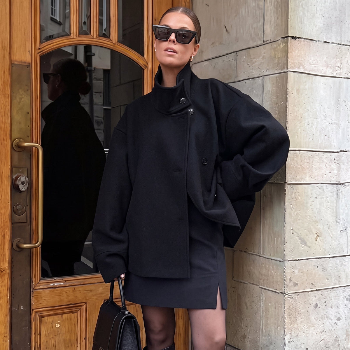 Veste femme oversize col montant boutonnée coupe boxy épaules tombantes